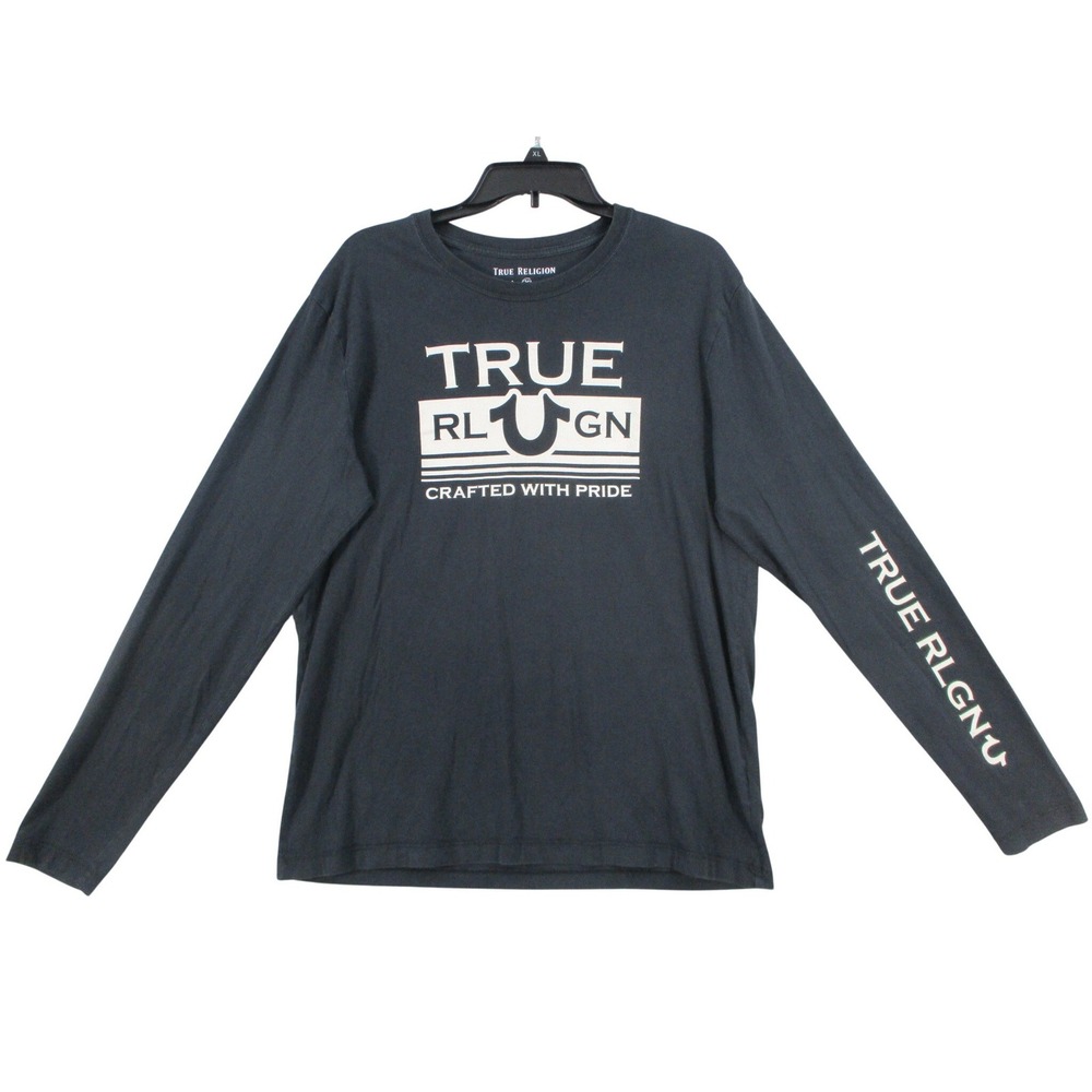 True Religion Mens Long Sleeve Graphic T-Shirt Black Horseshoe Logo Size Large